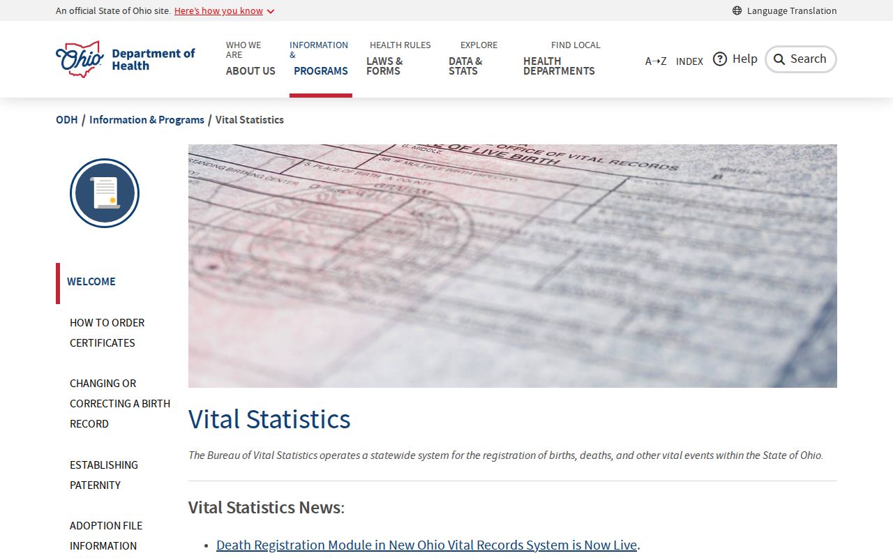 Gahanna residents directory Ohio Vital Statistics service page