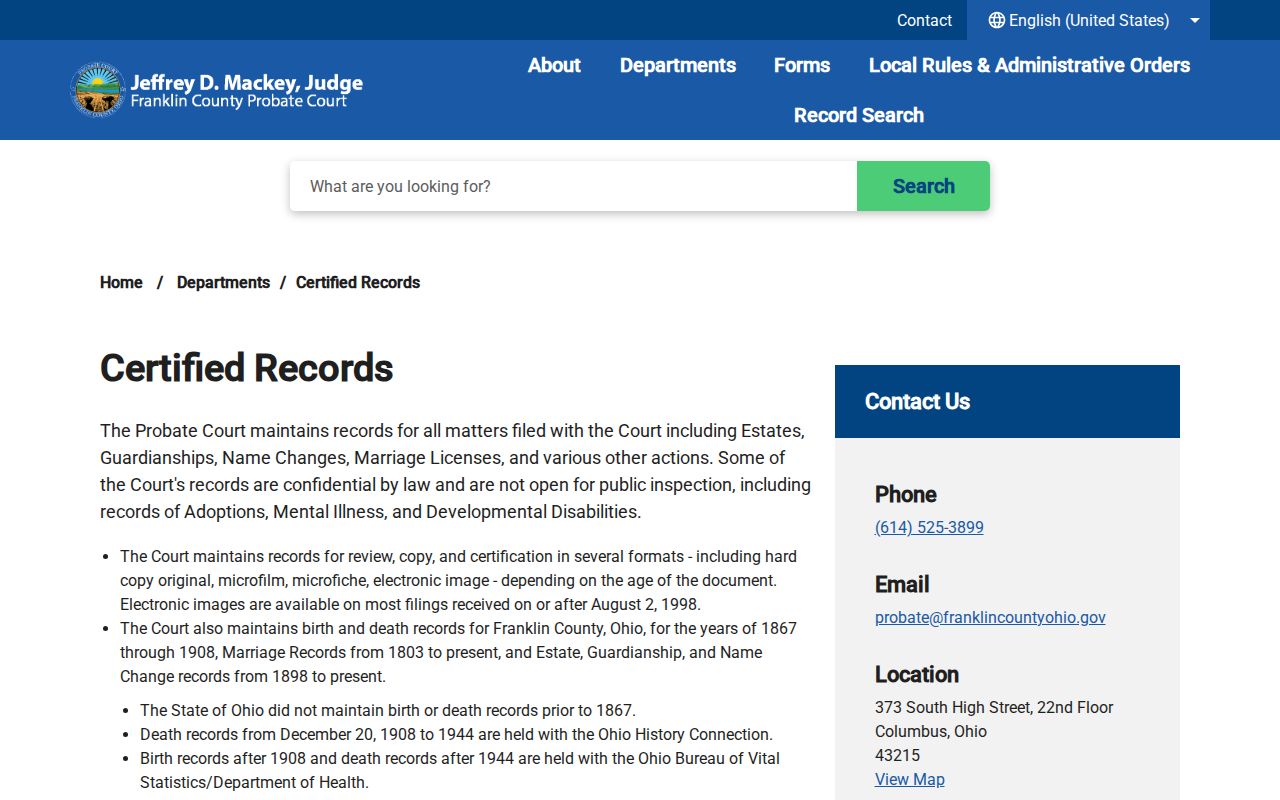 Gahanna previous residents Franklin County Probate certified records research