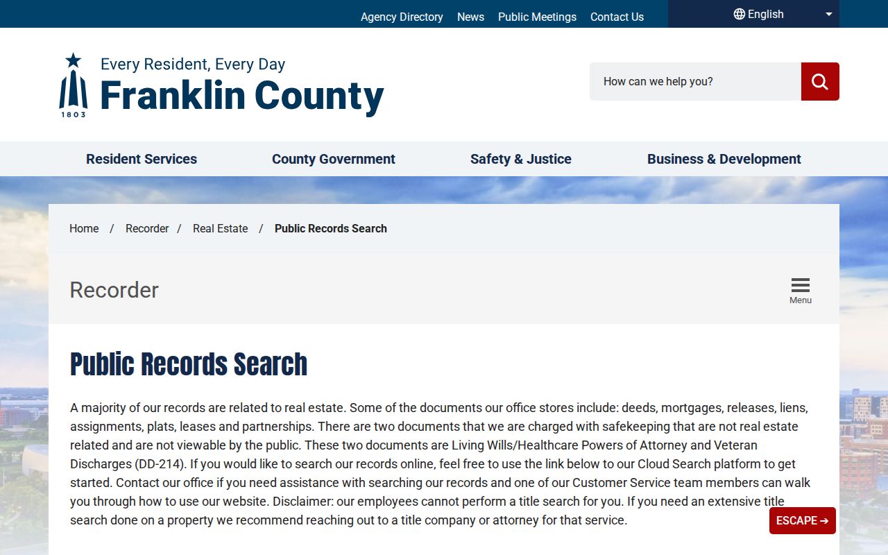 Gahanna previous residents Franklin County Recorder public records search guidance
